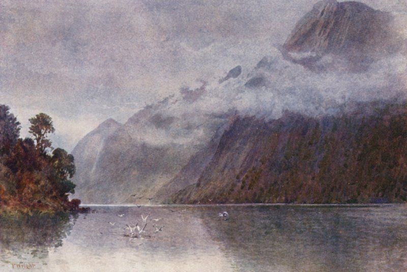 Nový Zéland: V Milford Sound (barevná litografie) od Frank H Wright