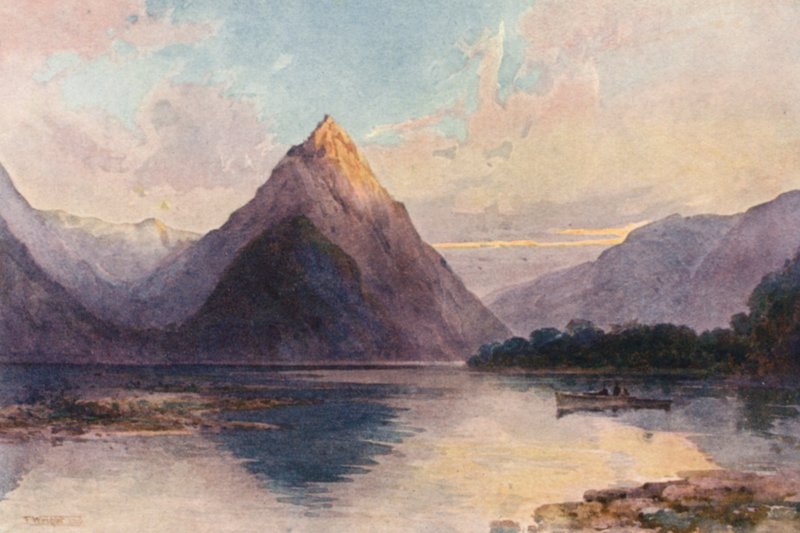 Nový Zéland: Mitre Peak (barevná litografie) od Frank H Wright