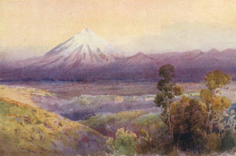 Nový Zéland: Mount Egmont (barevná litografie) od Frank H Wright