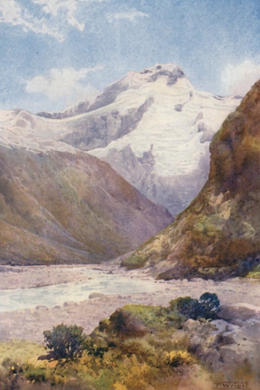 Nový Zéland: Mount Sefton (barevná litografie) od Frank H Wright