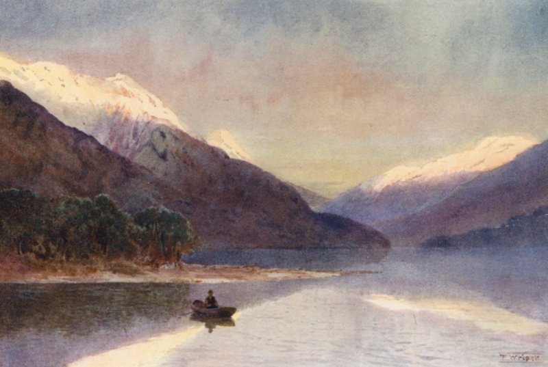 Nový Zéland: Fiord, jezero Te-Anau (barevná litografie) od Frank H Wright