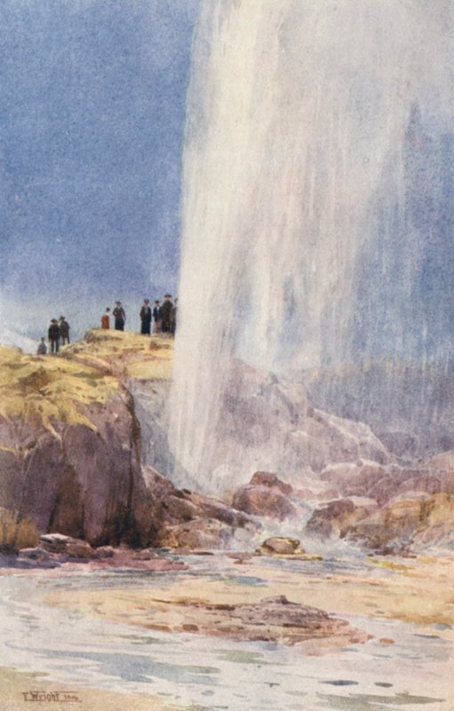 Nový Zéland: Gejzír Wairoa (barevná litografie) od Frank H Wright