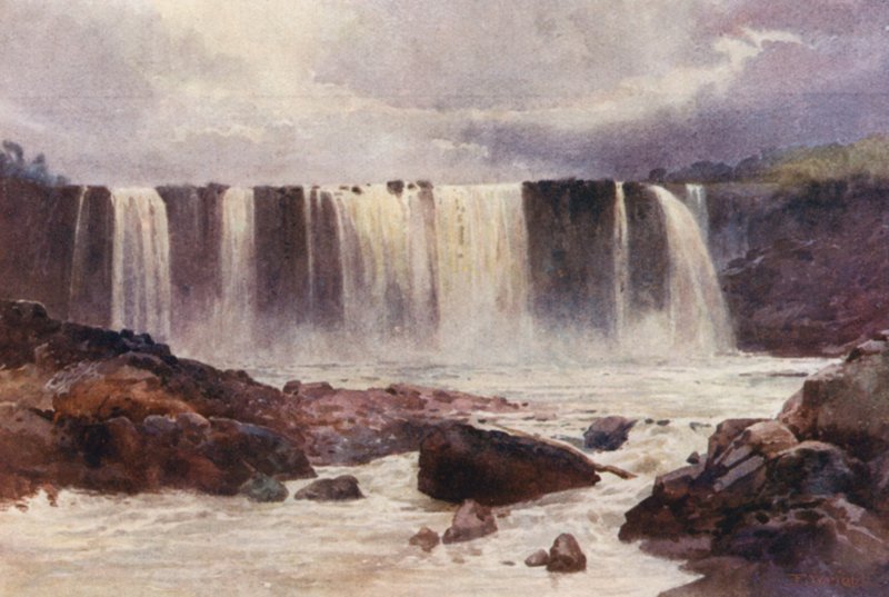 Nový Zéland: Wairua Falls (barevná litografie) od Frank H Wright