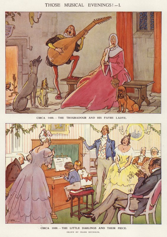 Hudební zábava v podobě zpívajícího trubadúra a dětí hrajících na paino (barevná litografie). od Frank Reynolds
