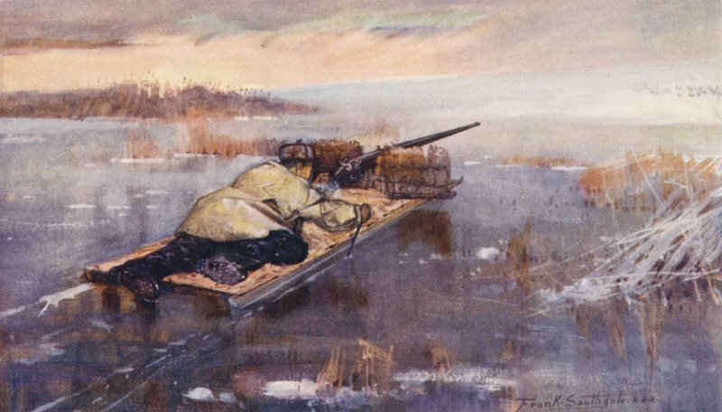 Wild Life in East Anglia: Wild-Fowling with a Stalking Sledge (barevná litografie) od Frank Southgate