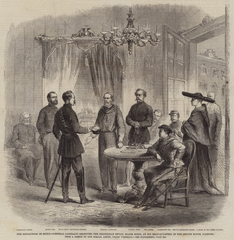 Revoluce na Sicílii, generál Garibaldi přijímá neapolského vyslance, majora Bosca, v jeho ústředí v Senátu v Palermu od Frank Vizetelly
