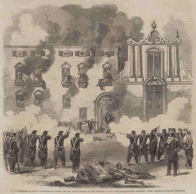 Revoluce na Sicílii, masakr lidí královskými vojsky v klášteře bílých benediktinů, Palermo od Frank Vizetelly