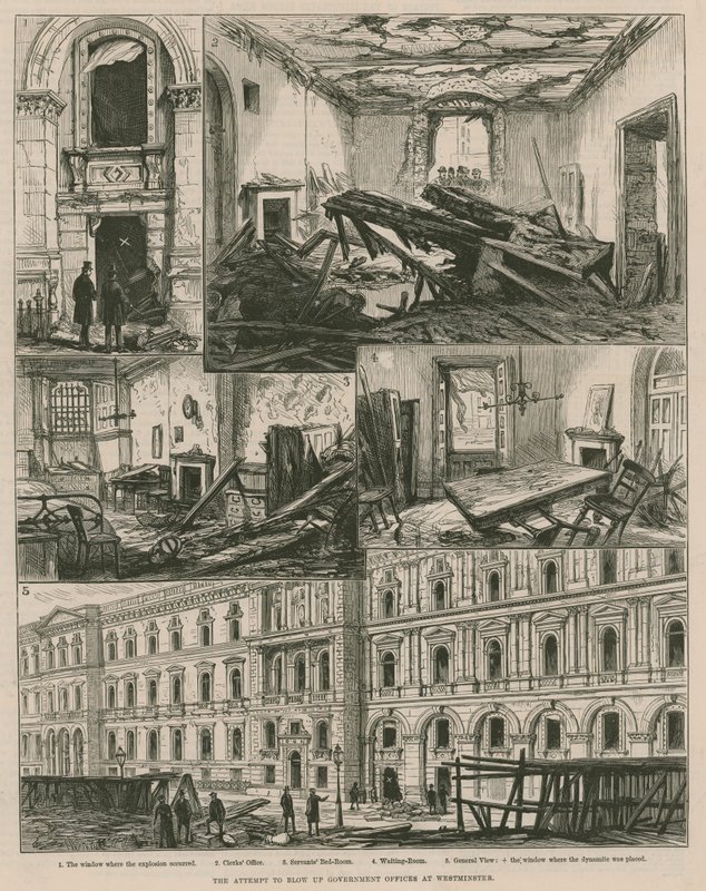 Pokus vyhodit do povětří vládní úřady ve Westminsteru (rytina) od Frank Watkins
