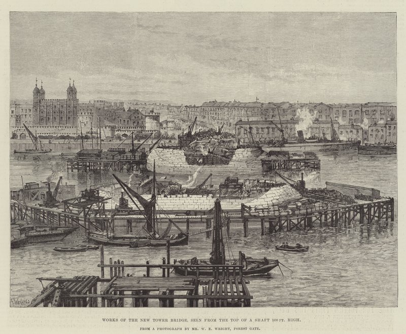 Práce na novém mostě Tower Bridge z vrcholu 100 stop vysoké šachty od Frank Watkins