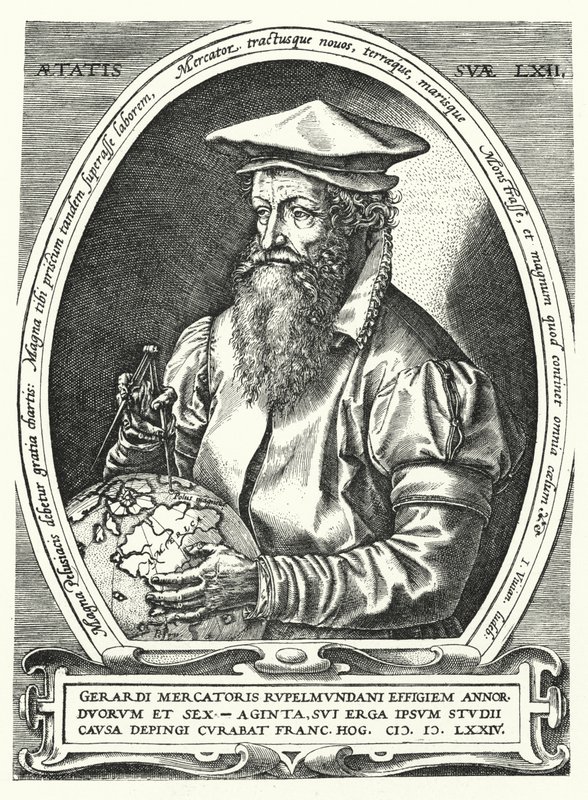 Gerardus Mercator , vlámský kartograf, geograf a kosmograf (rytina) od Franz (after) Hogenberg