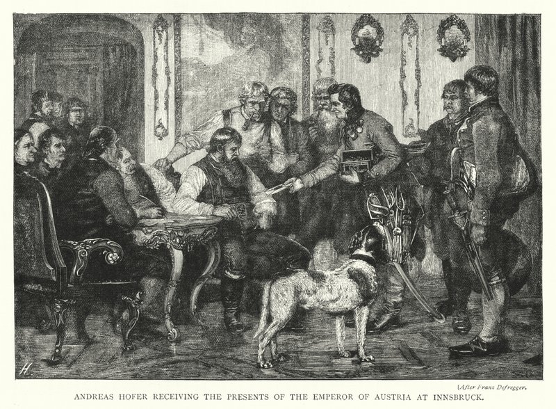 Andreas Hofer Přijímání darů rakouského císaře v Innsbrucku (rytina) od Franz von (after) Defregger