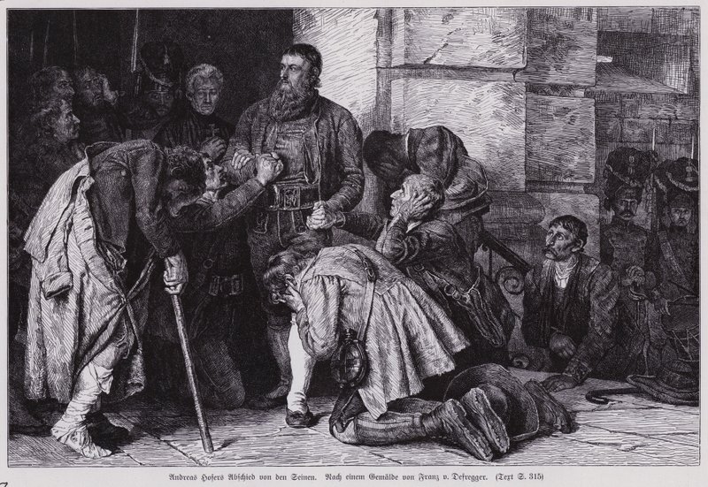 Andreas Hofer, vůdce tyrolského povstání proti francouzské a bavorské okupaci, se loučil se svými stoupenci, než byl odvezen do Mantovy na popravu od Franz von (after) Defregger