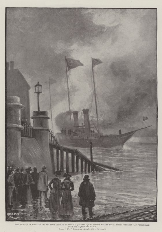 Cesta krále Edwarda VII. z Osborne do Londýna, 23. ledna, příjezd Royal Yacht Alberta do Portsmouthu s Jeho Veličenstvom na palubě od Fred T. Jane