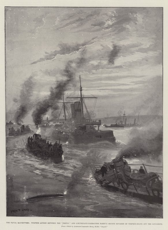 Námořní manévry, torpédová akce mezi Thetis a druhou divizí torpédových člunů poručíka-velitele Barryho u Longships od Fred T. Jane