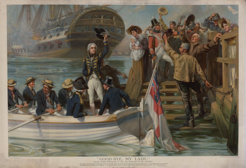 Nelson opouští Portsmouth a pluje do Trafalgaru na Victory (chromolitho) od Fred Roe