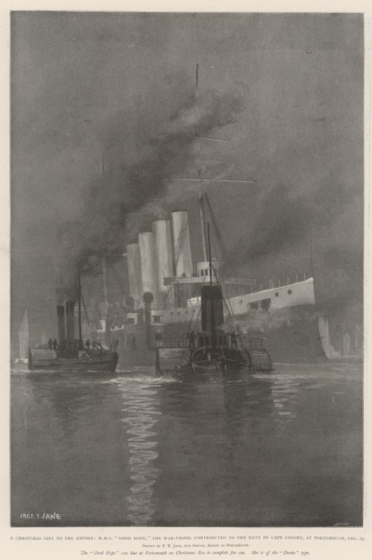 Vánoční dárek Impériu, HMS Good Hope, válečné plavidlo přispělo námořnictvu Cape Colony, v Portsmouthu, 25. prosince od Fred T. Jane