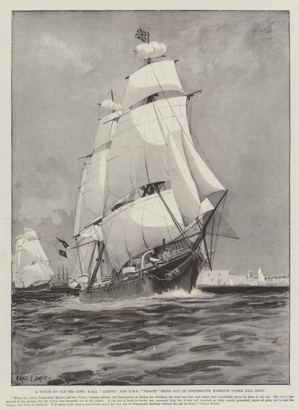 Dotek starého mořského života, HMS Active a HMS Volage vyjíždějí z přístavu Portsmouth pouze pod plachtou od Fred T. Jane
