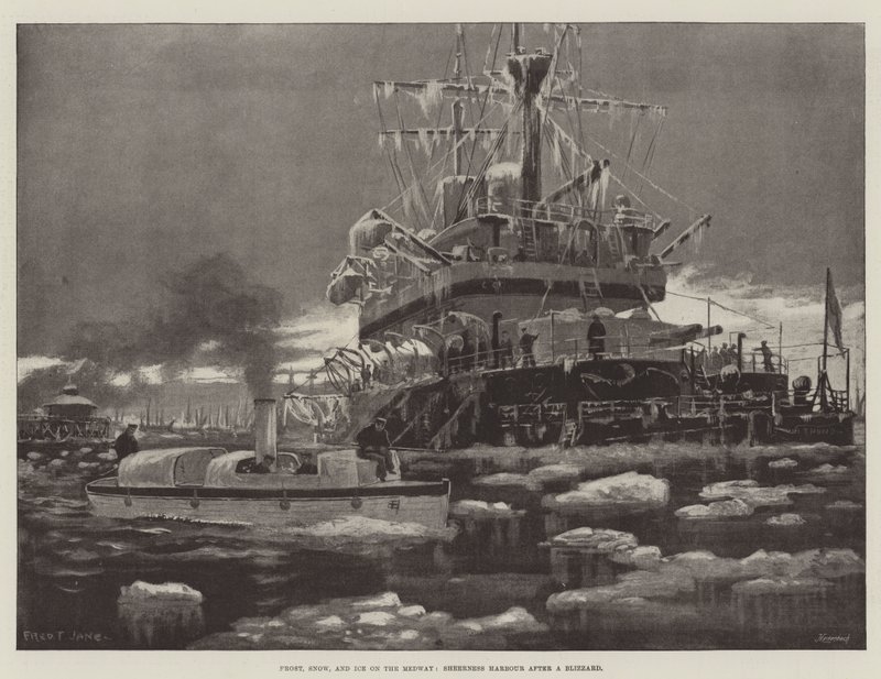 Mráz, sníh a led na Medway, Sheerness Harbor po vánici od Fred T. Jane