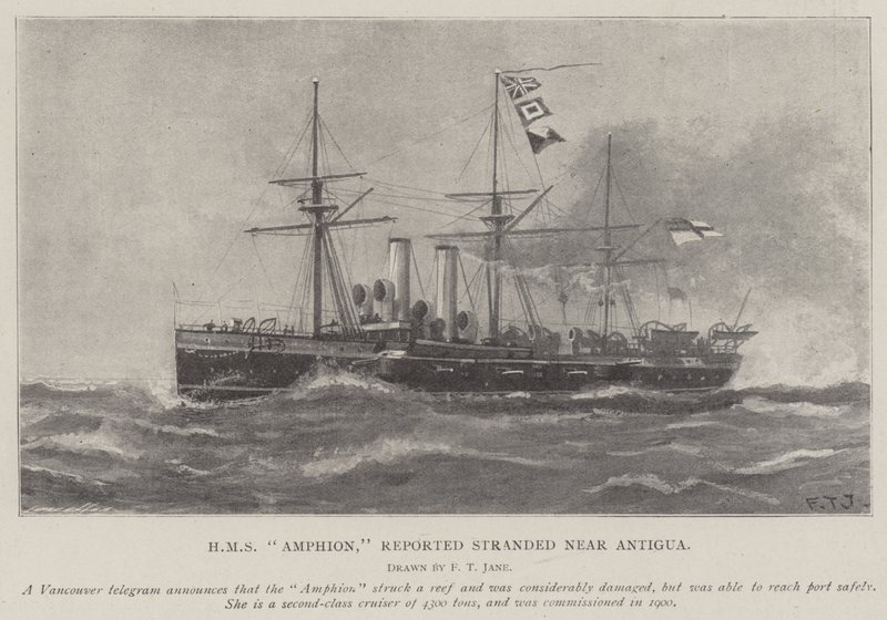HMS Amphion, hlášeno, že uvízla poblíž Antiguy od Fred T. Jane