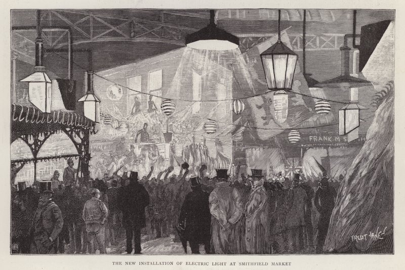 Nová instalace elektrického světla na Smithfield Market v Londýně od Fred T. Jane