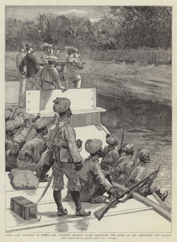 S lordem Dufferinem v Barmě, předsunutá garda místokrále hledá Dacoity v Banks of the Irrawaddy od Frederic Villiers