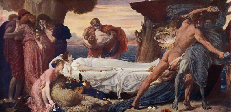 Herkules zápasí se Smrtí o tělo Alcestis (barva litho) od Frederic (after) Leighton