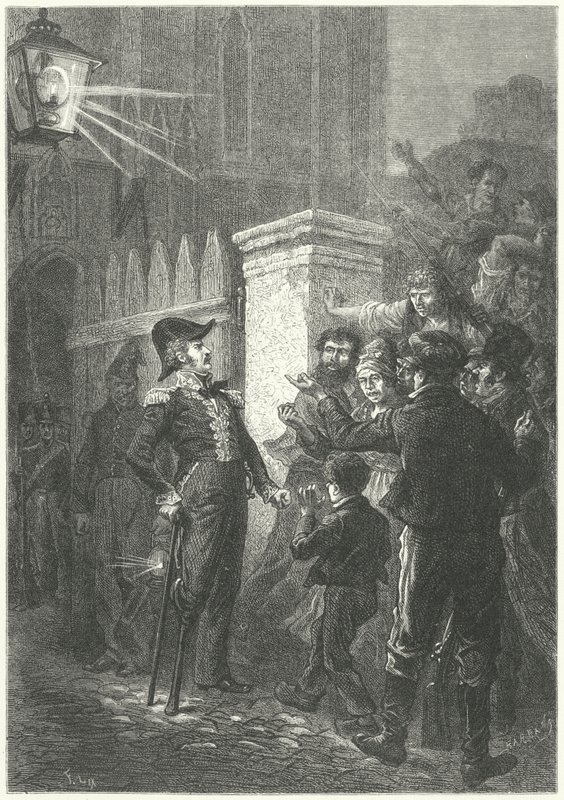 Generál Daumesnil čelí pařížskému davu před Chateau de Vincennes během francouzské revoluce v roce 1830 (rytina) od Frederic Theodore (after) Lix