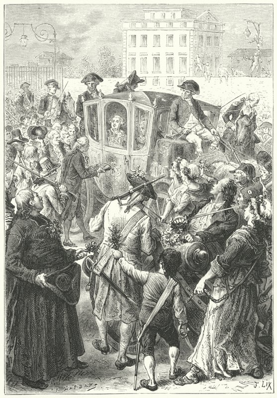 Ludvík XVI. přivezl do Paříže poté, co dav zaútočil na palác ve Versailles od Frederic Theodore (after) Lix