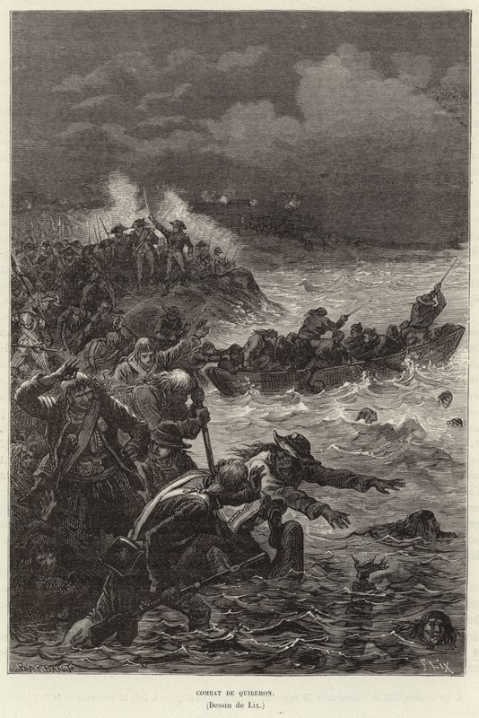 Combat de Quiberon. Stoupenci Chouannerie a povstání Vendee pokoušející se uprchnout republikánskými silami u Quiberonu, Francie, Francouzská revoluce od Frederic Theodore Lix