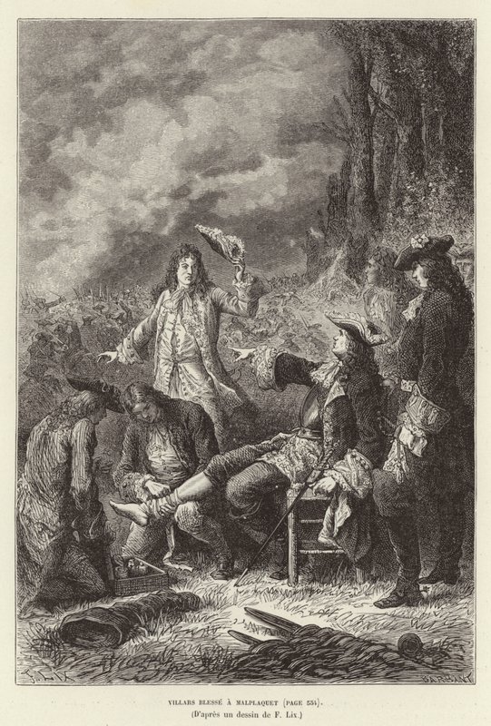 Villars požehnal Malplaquet. Claude Louis Hector de Villars, maršál Francie, zraněn v bitvě u Malplaquet, válce o španělské dědictví od Frederic Theodore Lix
