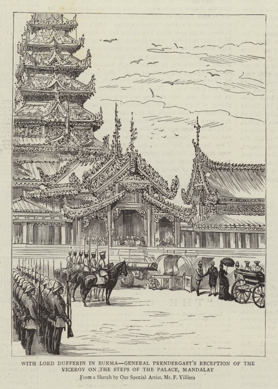 S Lordem Dufferinem v Barmě, Recepce místokrále generála Prendergasta na schodech paláce, Mandalay od Frederic Villiers