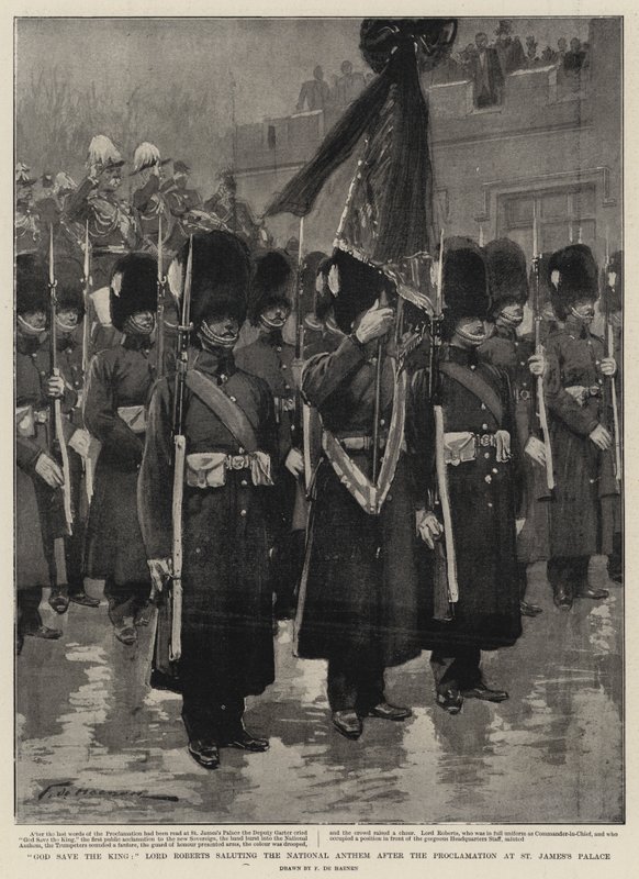 Bůh ochraňuj krále, Lord Roberts salutuje při státní hymně po vyhlášení v St James