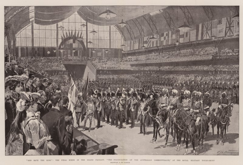Bůh ochraňuj krále, závěrečná scéna Velké přehlídky, Inaugurace Australského společenství, na Královském vojenském turnaji od Frederic de Haenen