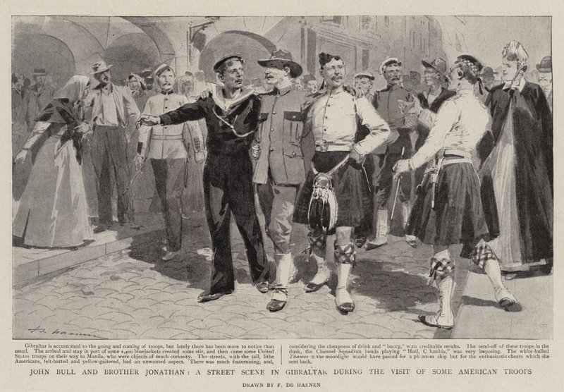 John Bull a bratr Jonathan, pouliční scéna na Gibraltaru během návštěvy amerických vojáků od Frederic de Haenen