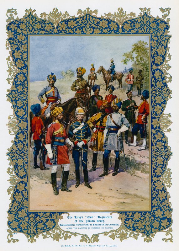 „Vlastní“ pluky indické armády krále Jiřího V. (barevné lito) od Frederic de Haenen