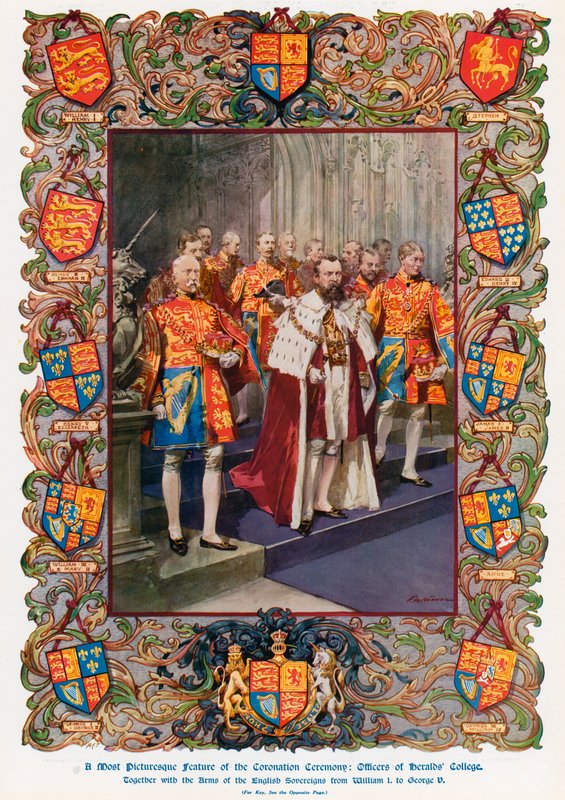Důstojníci Heralds’ College spolu s Arms of English Sovereigns od krále Viléma I. po krále Jiřího V. (barevné lito) od Frederic de Haenen