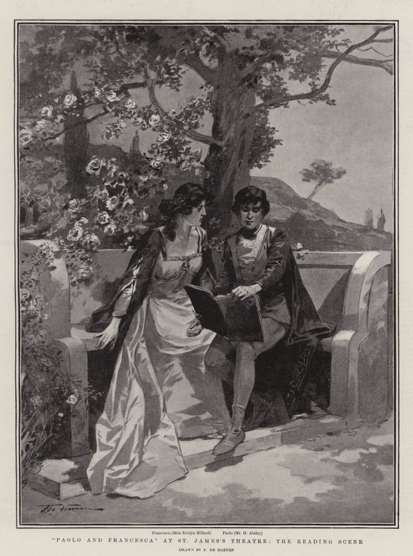 Paolo a Francesca v divadle svatého Jakuba, scéna čtení od Frederic de Haenen