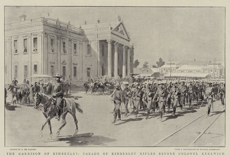 Garrison of Kimberley, přehlídka pušek Kimberley před plukovníkem Kekewichem od Frederic de Haenen