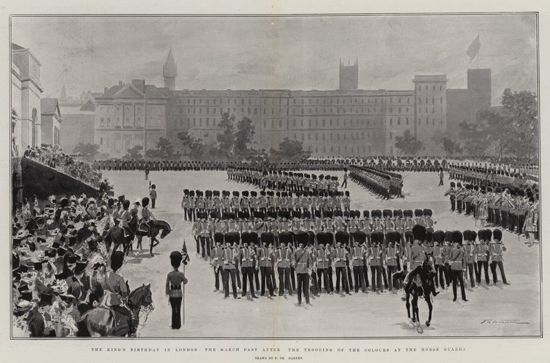Královy narozeniny v Londýně, březnová minulost po Trooping of the Colours u Horse Guards od Frederic de Haenen