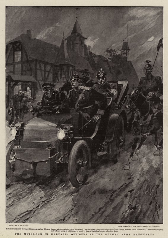 Motorové auto ve válce, důstojníci při manévrech německé armády od Frederic de Haenen