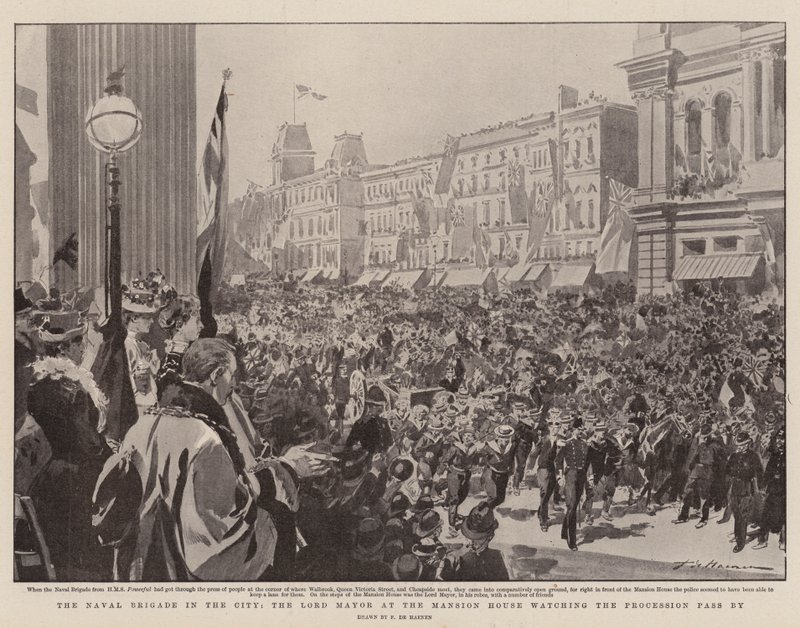 Námořní brigáda ve městě, starosta v Mansion House sleduje procesí procházející kolem od Frederic de Haenen