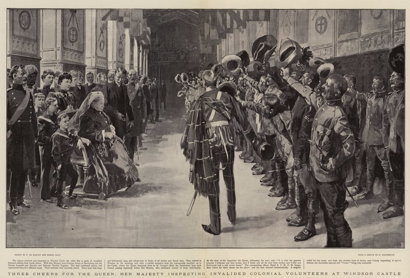 Třikrát hurá královně, Její Veličenstvo při inspekci invalidních koloniálních dobrovolníků na hradě Windsor od Frederic de Haenen
