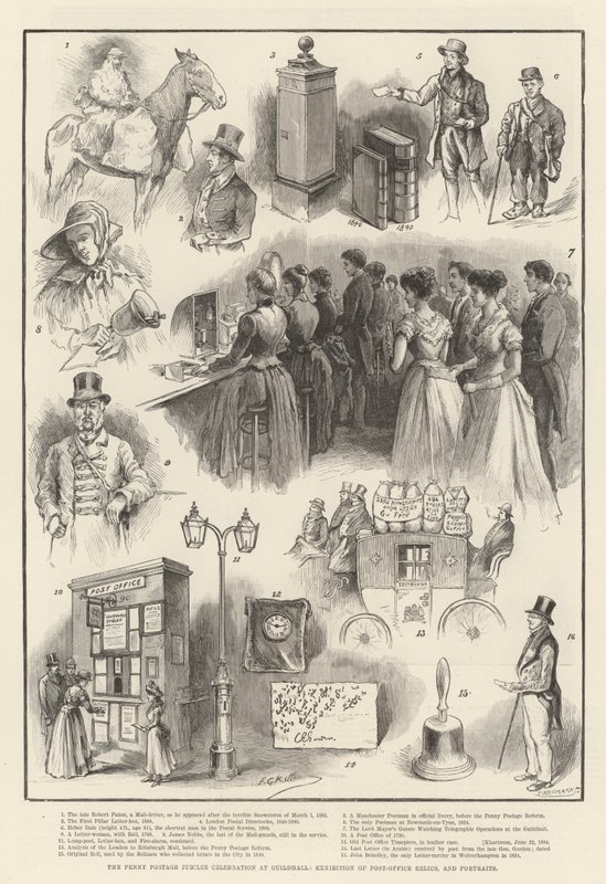 Penny Postage Jubilee Celebration v Guildhall, výstava poštovních relikvií a portrétů od Frederick George Kitton