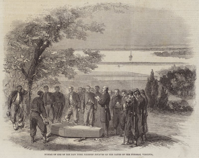 Pohřeb jednoho z New York Firemen Zouaves na břehu Potomac ve Virginii od Frederick John Skill
