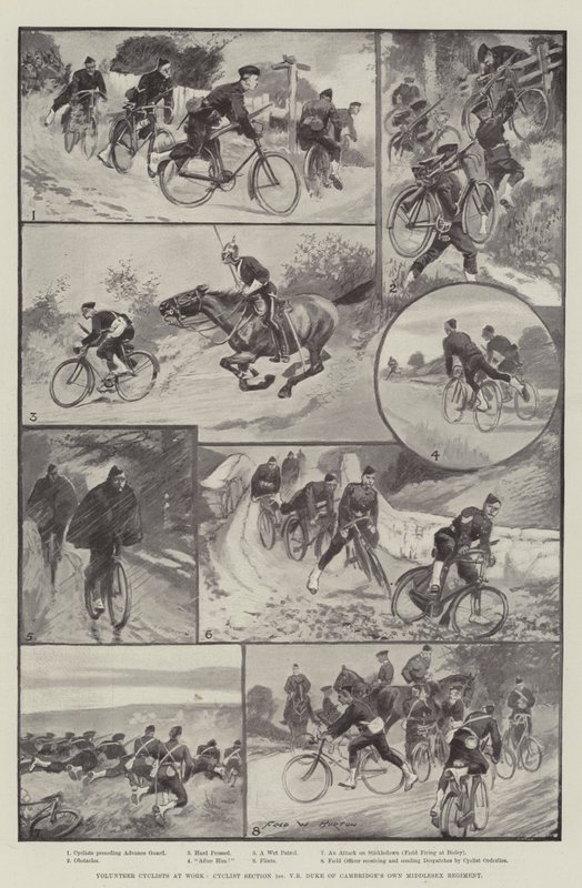 Dobrovolní cyklisté při práci, Cyklistická sekce 1. dobrovolnický prapor Vlastního Middlesexského pluku vévody z Cambridge od Frederick William Burton