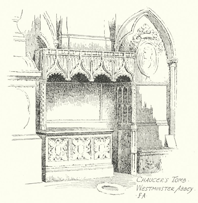 Chaucerova hrobka, Westminsterské opatství (litografie) od Frederick Adcock