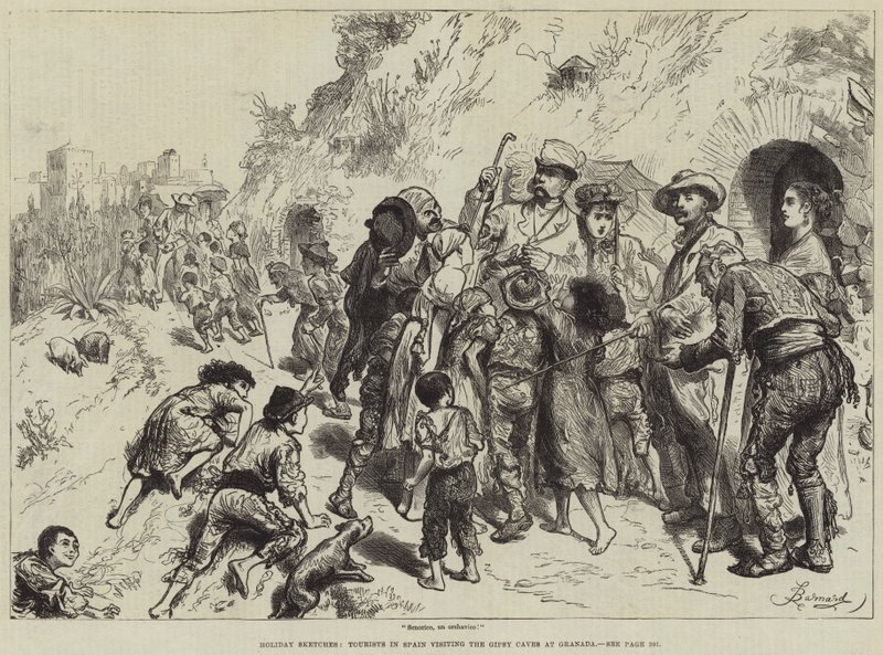 Holiday Sketches, Turisté ve Španělsku navštěvující Gipsy Caves v Granadě od Frederick Barnard