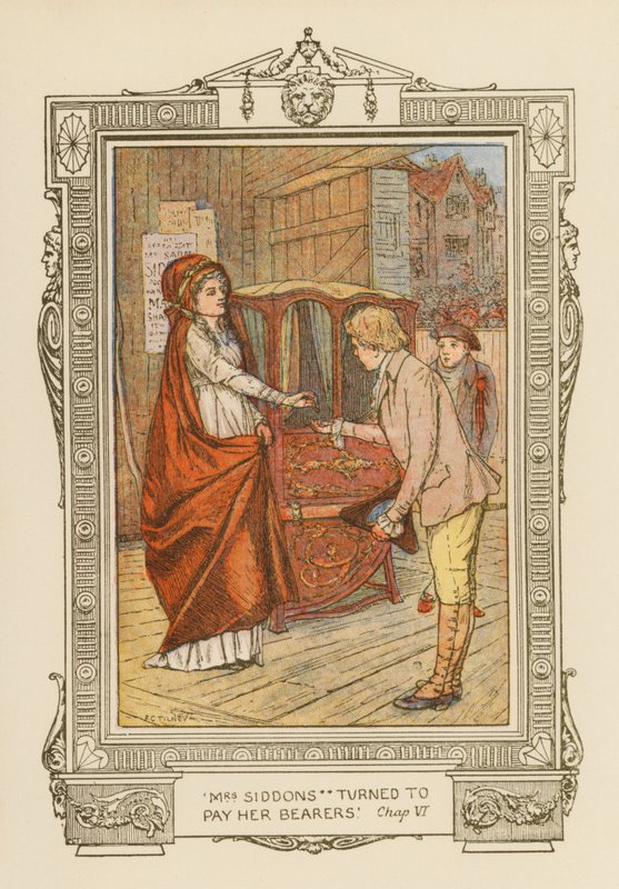 "Paní Siddonsová se obrátila, aby zaplatila svým nosičům" (barevná litografie) od Frederick Colin Tilney