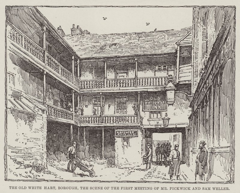 The Old White Hart, Borough, Scéna prvního setkání pana Pickwicka a Sama Wellera od Frederick George Kitton