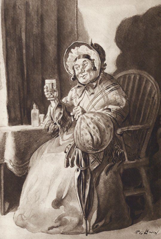 Paní Gampová od Martina Chuzzlewita, Charles Dickens (hlubotisk) od Frederick George Lewin